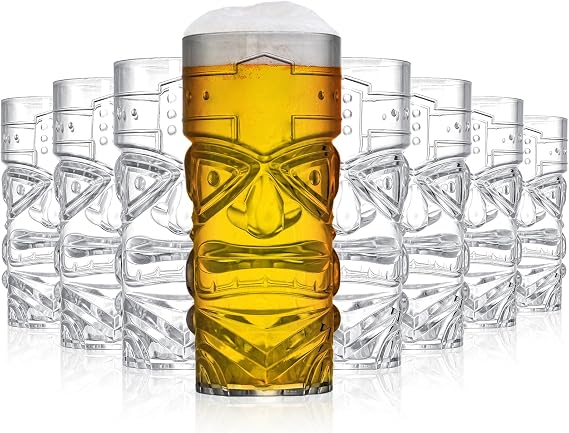 Okllen 8 Pack Plastic Tiki Cups, 16 Oz Clear Tiki Cocktail Mugs, Trapical Stylish Drinking Tumblers for Modern Bar, Hawaiian Party, Luau Party Supplies