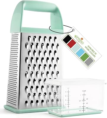 Spring Chef Professional 10 Parmesan Cheese Grater With Container, Stainless Steel & Soft Grip Handle, Handheld Kitchen Cheese Shredder, Box Grater with 4 Sides for Potato, Carrot, Veggie - Mint