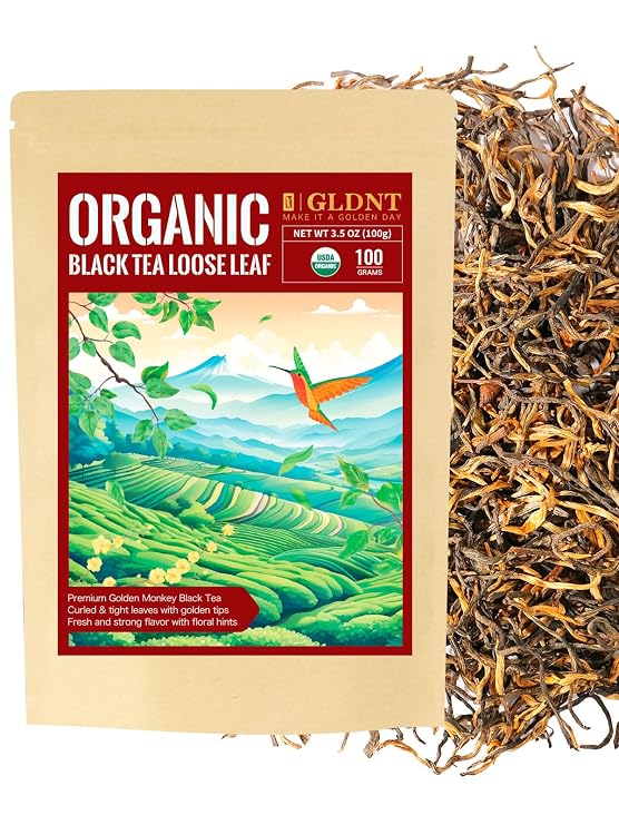GLDNT Organic Black Tea Loose Leaf, Chinese Golden Monkey Black Tea, 3.5oz | Floral Honey Aroma, Malty Notes, Full-Bodied Smooth Taste, No Bitterness, Caffeinated, Gluten Free, Hot/Iced, Resealable Bag