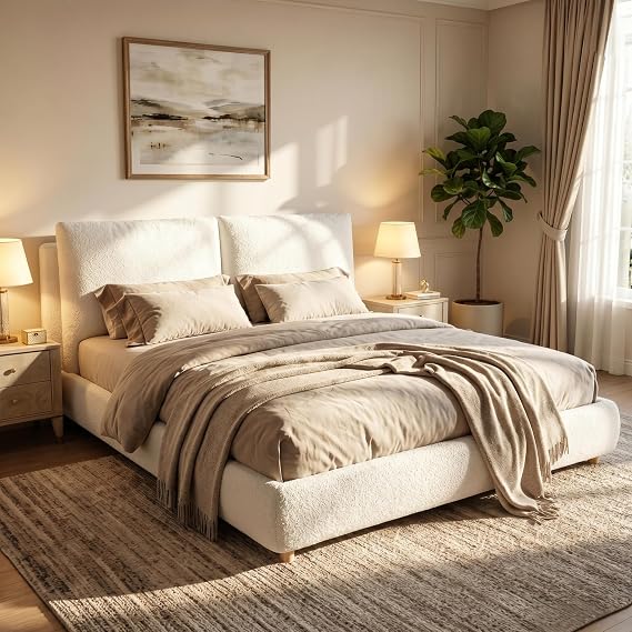 Queen Size Cloud Bed Frame, Boucle Upholstered Platform Beds
