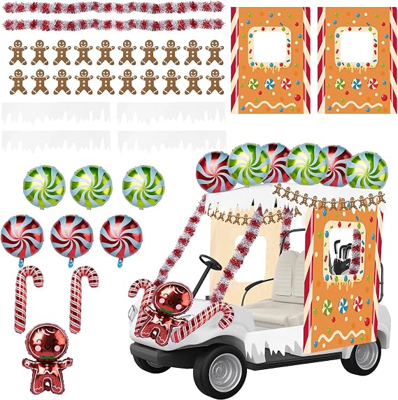 20 Pcs Christmas Gingerbread Golf Cart Decoration Kit Candyland Banner Candy Canes Lollipop Gingerbread Man Balloons Garland Red White Tinsel Garland for Christmas Parade Holiday Decoration