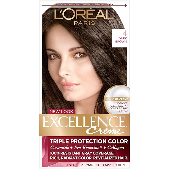 L'Oreal Paris Excellence Creme Permanent Triple Care Hair Color, 4 Dark Brown, Gray Coverage For Up to 8 Weeks, All Hair Types, Pack of 1