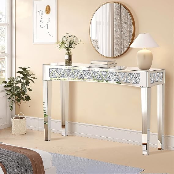 Mirrored Console Table, Rectangular Entryway Table, 47.2 Inches Modern Console Table, Silver Glass Sofa Table, Crushed Diamond Finish for Entryways, Foyer, Living Room, and Hallway