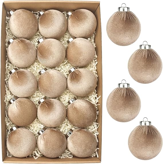 Brown Velvet Christmas Ornaments for Tree 15 PCS, Big Neutral Flocked Christmas Balls Ornaments Set 3.15 Inch, Shatterproof Earth Tone Xmas Hanging Decor for Holiday (Light Brown)