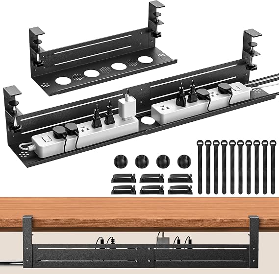 Retractable Under Desk Cable Management - No Drill 46–73 cm Cable Management Tray with Clamp Mount, Desk Cable Tray for Office, Gaming,Standing Desks(Black)