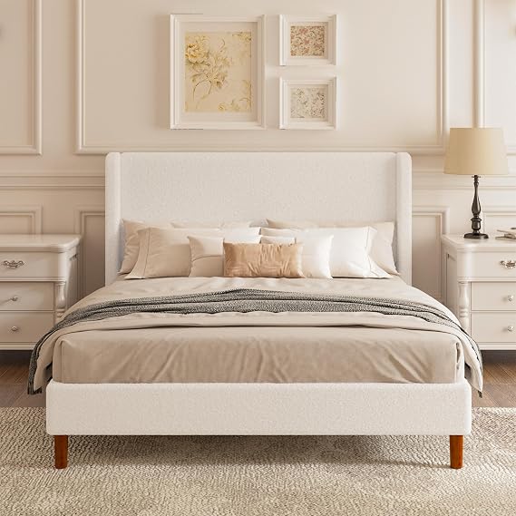 Queen Size Boucle Bed Frame with Upholstered Wingback Headboard, White