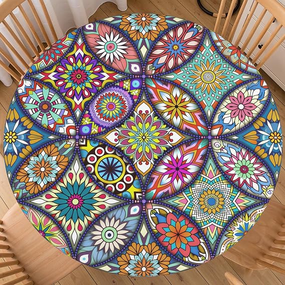 KSLIDS Round Fitted Tablecloth with Elastic Edge Boho Mandala Picnic Table Cover Colorful Bohemian Vintage Farmhouse Rustic Wipeable Table Cloth Fit 44"-48" Tables for Outdoor,Patio,Camping,Dinner