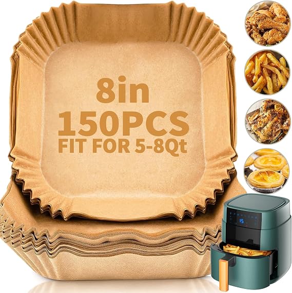 150 PCS Air Fryer Disposable Paper Liners,8 Inch Square Parchment Disposable Paper Liner for 5-8QT Air Fryer,Baking, Roasting and Microwave, Non-Stick Airfryer Accessories1