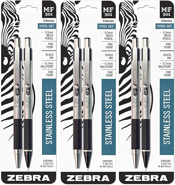 Zebra Pen M/F 301 Stainless Steel Mechanical Pencil and Ballpoint Pen Set, Fine Point, 0.5mm HB Lead Pencil and 0.7mm Black Ink Pen, 3 Pack