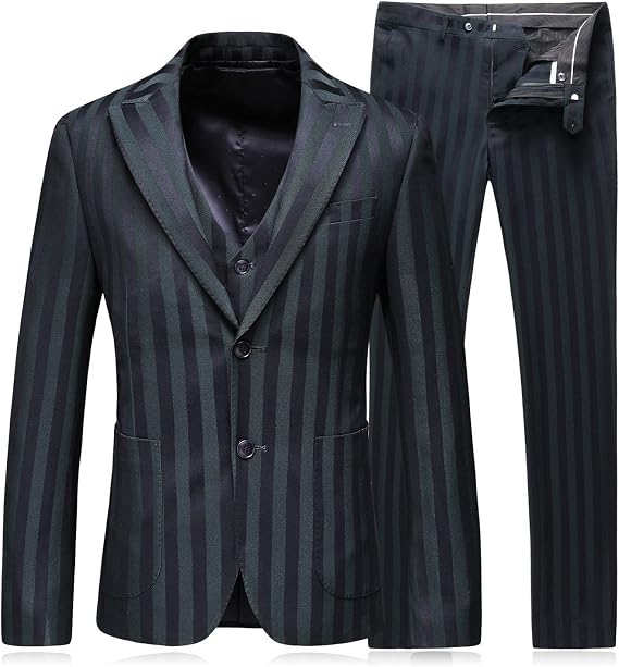 Mens 3 Piece Suit Slim Fit Stripe Tuxedo Blazer Pants Vest Set