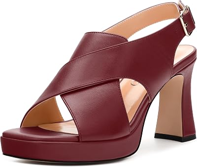Platform Sandals, Buckle Slingback High Heels for Women, Square Open Toe Fashion Solid Block Heeled Sandal