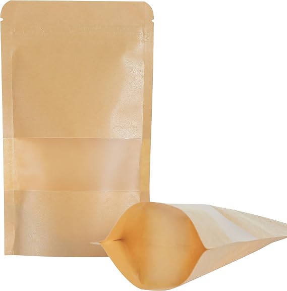 Kraft Stand Up bags 100 Pcs,Brown Resealable Bags with Window for Home or Business,Coffee,Food Storage Bags,Sealable Bags for Packaging(3.95.9)