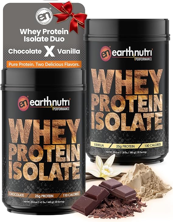 EarthNutri Whey Isolate Protein Powder Bundle Pure Whey Isolate for Strength & Performance Post Workout with 25g Protein per Serving Non-GMO, Gluten-Free Vanilla & Chocolate 20 Servings Each