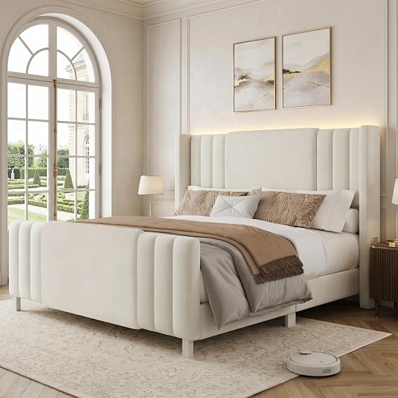 King Upholstered Bed Frame with Headboard and Footboard, Boucle and Velvet Bed Frame with LED Lights, Modern Platform Bed Frame, Noiseless, Easy Assembly, White