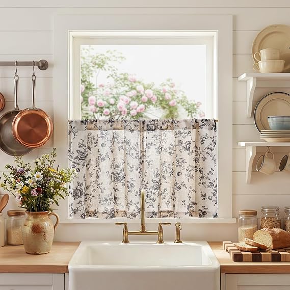jinchan Floral Linen Kitchen Tier Curtains, 24 Inch, 2 Panels, Black