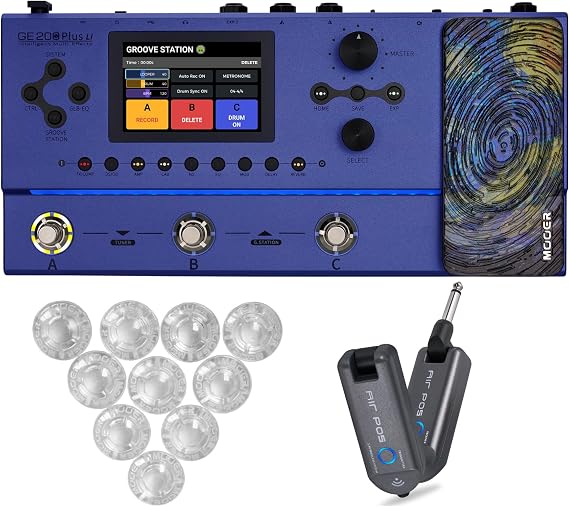 MOOER GE200 Plus Li Guitar Multi Effects Processor Built-in Battery, XLR Stereo and USB MIDI Control for Live Show, Bundled with Wireless System and Footswitch Toppers