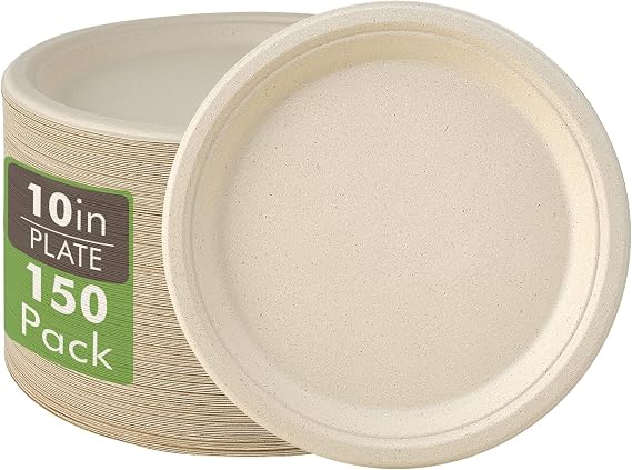 Vplus 150 Pack Compostable Bagasse Paper Plates 10.25 inch, Nature