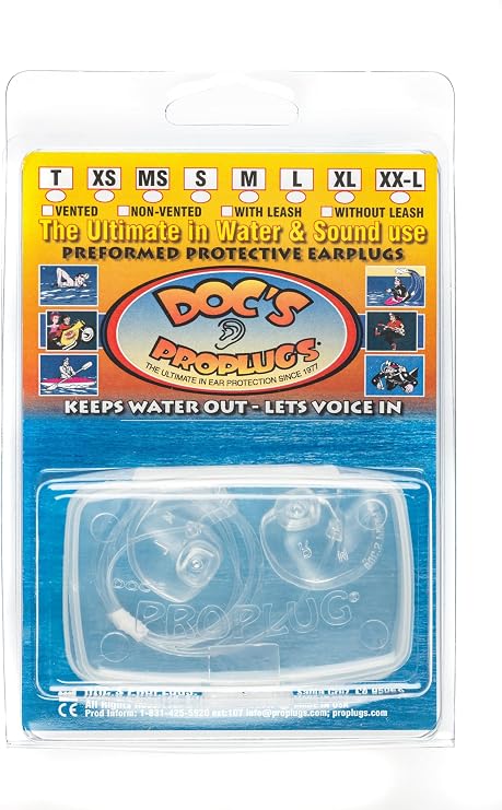 Medium Vented Docs Proplugs Clear with Leash Reusable Earplugs for Surfing, Swimming, Diving & Water Sports | Blocks Cold Water & Wind | Helps Equalize Pressure | Made in USA