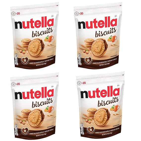 Nutella Biscuits, Hazelnut Spread With Cocoa, cookie with a creamy heart of Nutella - 4-9.7 Oz Bags/Total Net WT 38.8 oz