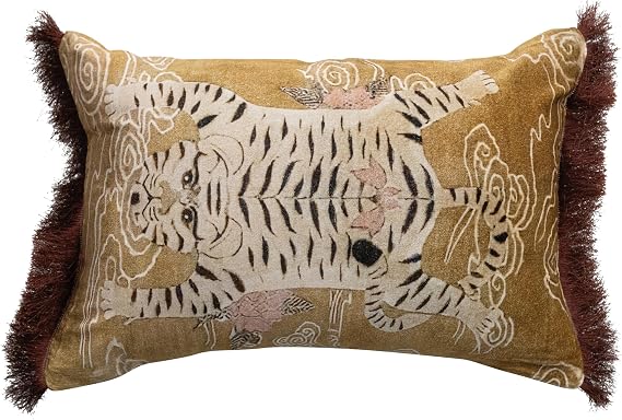 Creative Co-Op Tibetan Tiger Print Fringe Cotton Velvet Lumbar Pillow, Multicolor Finish