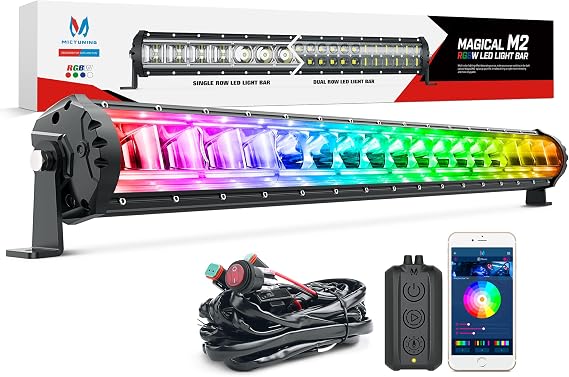MICTUNING RGBW LED Light Bar - Magical M2 Single Row 32 in 180W Offroad Driving Light Combo Work Light with APP,Control Box,Wiring Harness,Side&Bottom Brackets,Multicolor Light for Pickup SUV UTV ATV