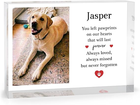 Beecreative Personalised Pet Memorial Photo Gift - Clear Acrylic Photo Block - Custom Dog Cat Memorial Plaque - With White Gift Bag