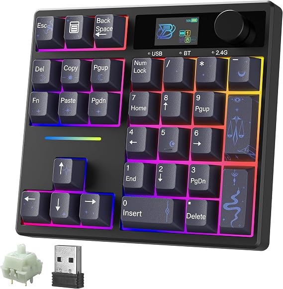 BOYI TD31Pro Mechanical Number Pad,Bluetooth5.0/2.4G/Type-C Wireless Numeric Keypad,RGB HotSwap Numpad with Screen&Knob,PBT Keycaps Gasket keypad Programmable for Win/Mac/Gaming(Black-Star Moon)