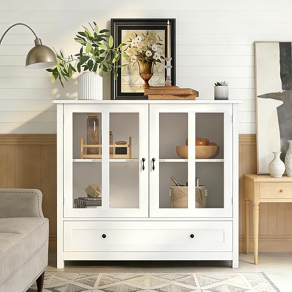 Kitchen Storage Cabinet with Glass Doors, Drawer, Adjustable Shelf, Sideboards and Buffets with Storage, Waterproof & Easy Clean, Freestanding Cupboard for Kitchen, Dining Room, White