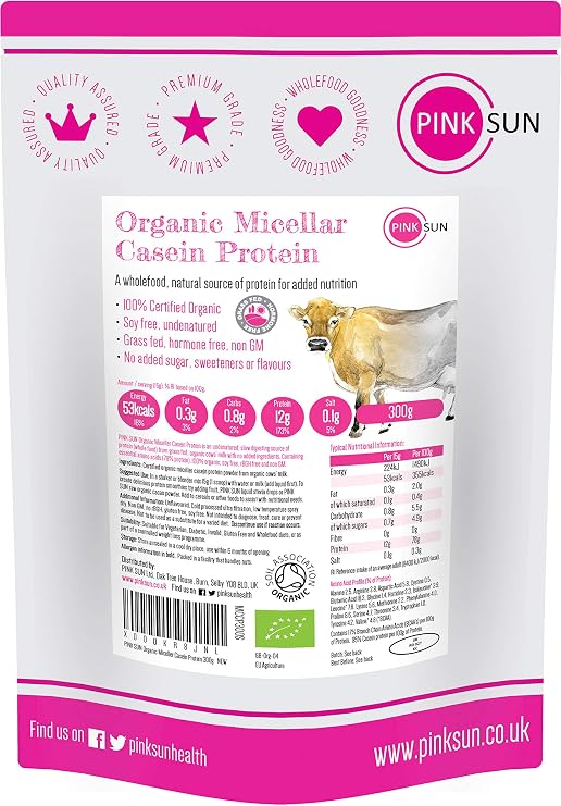 PINK SUN Organic Casein Protein Powder 300g Pure Native Micellar Grass Fed Soy Free Gluten Free Unflavoured Vegetarian No Added Sugar Unsweetened Undenatured