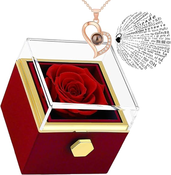 Preserved Real Rose Rotate Box with I Love You Necklace in100Languages-Eternal Flowers Rose Romantic Gifts for Mom Wife Girlfriend Daughter for Valentines Day Christmas Birthday (red)