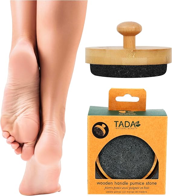 TADA Natural Beauty Pumice Stone for Feet with Bamboo Handle - Foot Scrubber and Callus Remover for Feet (Black)