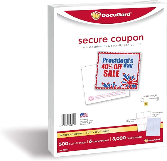 DocuGard Secure Coupons with Heat-Sensitive Ink & Security Pantograph, Blue Front, 8.5 x 11, 24 lb, 6 Coupons Per Sheet, 500 Sheets, 3000 Coupons, (04561) (4.25 x 3.67)