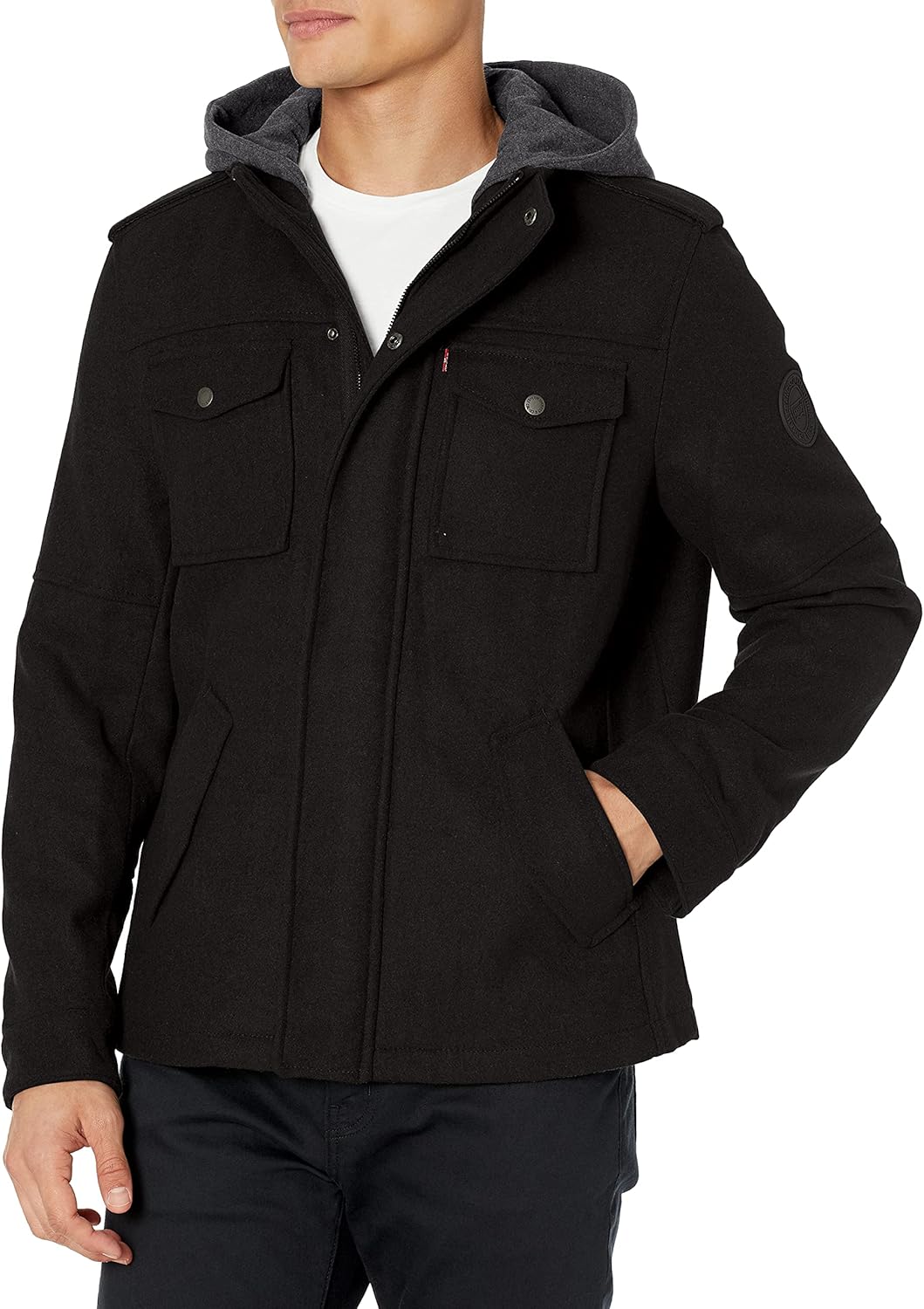Levis Mens Wool Blend Military Jacket with Hood