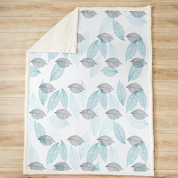 Leaves Artwork Print Sherpa Fleece Blanket Rustic Leaves Sketch Single Blanket Kids Teens Adults,Abstract Leaf Green Fuzzy Soft Blanket Bed Couch,Single (50 x 60 Inches)