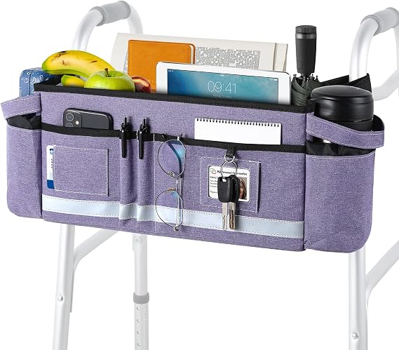 Walker Baskets Bag with Cup Holder, Seniors Walkers Bag with Pockets, for Folding Rollator Walkers (Purple)