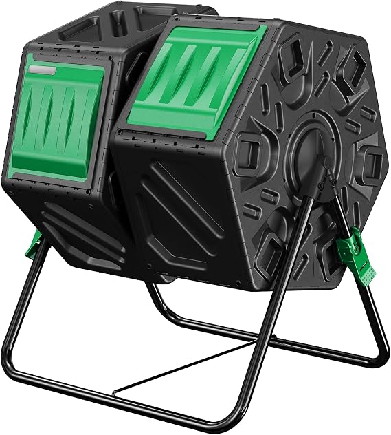 Compost Bin, 37-Gal Dual Chamber Composter Tumbler, Black Green | Steel Frame with 2 Sliding Door and Aeration System, 360 Rotating, Tumbling Composting Bin for Kitchen, Garden, Yard