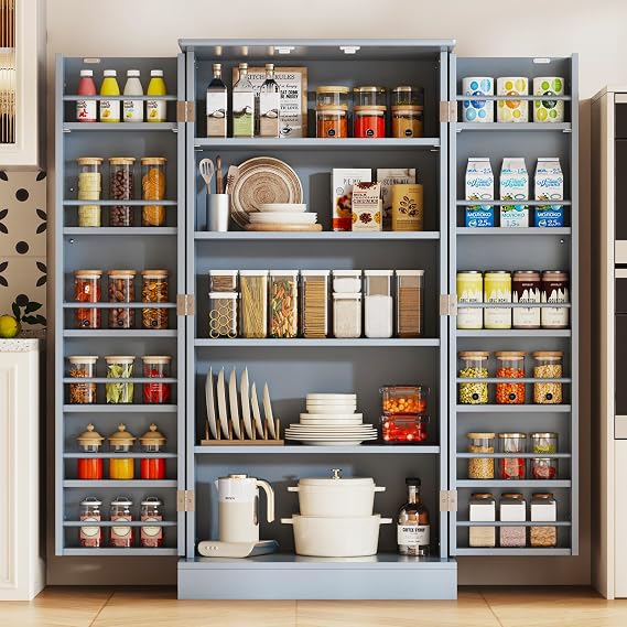 kepptory 47" Kitchen Pantry Cabinet with Doors and Adjustable Shelves, Freestanding Pantry Storage Cabinet, Farmhouse Buffet Cupboard for Kitchen, Dining Room, Living Room, Grey