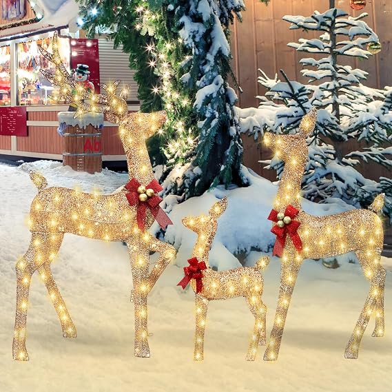 2025 New 62 Inch XXL Lighted Christmas Deer Family Set, 3-Piece 5.2FT Lighted Deer Set with 220 LED Jump Lights, 3D Extra Large Outdoor Christmas Reindeer Decoration - Gold