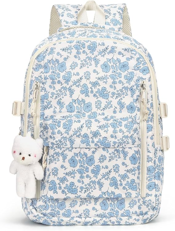 TIAASTAP Aesthetic School Backpack Cute Preppy School Bags for Girls - Coquette Schoolbag Floral Print Back Pack for Teenage College Primary Secondary Middle School (A06 Blue Floral)