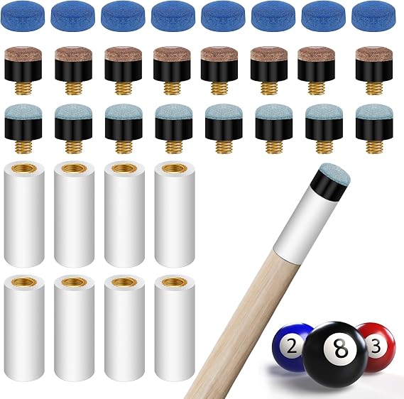 Hoedia 24PCS Pool Cue Tips Replacement Kit with White Pool Cue Stick Ferrules, Brass Screw-on Replacement Tips with Pool Cue Stick Ferrules for Snooker Pool Cues(3 Types)