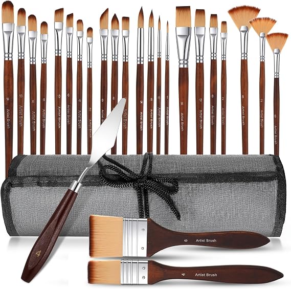 25pcs Paint Brush Set, Acrylic Paint Brushes, Professional Paintbrushes with Paints Spatula and Cloth Roll, Oil Paints Brushes for Acrylic Painting, Watercolor, Oil, Gouache(Wood)