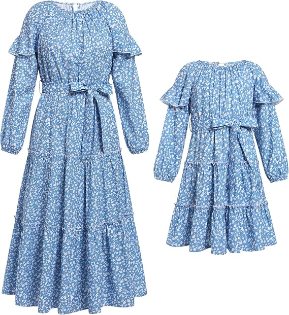 AWIBMK Mommy and Me Dress Long Puff Sleeve Tie-Dye Floral Tiered Ruffle Long Dress Fall Winter Matching Outfits with Belt