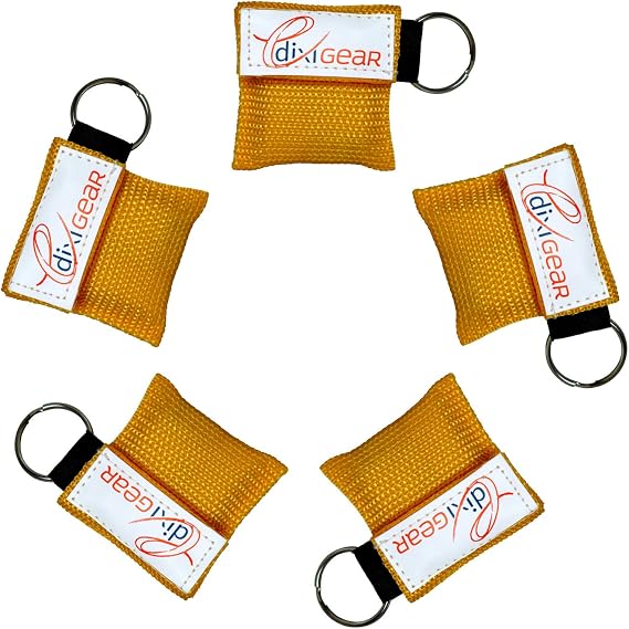Dixie EMS CPR Mask for Pocket or Key Chain, CPR Emergency Face Shield with One-Way Valve Breathing Barrier for First Aid or AED Training, 5 Count - Yellow
