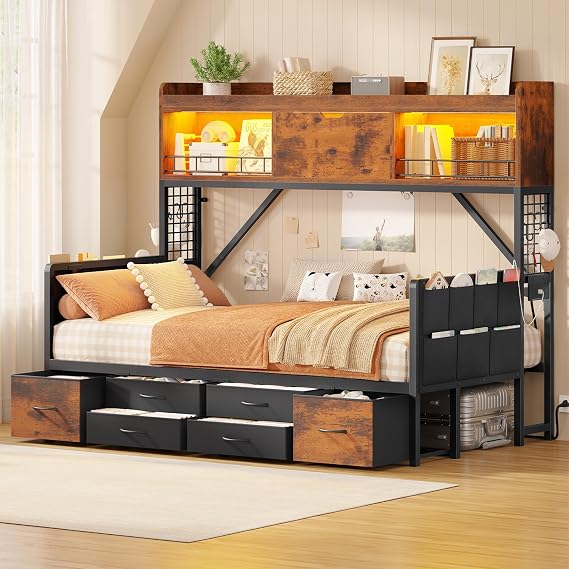 MSmask Daybed with High Bookcase & 6 Storage Drawers, Twin Corner Bed with LED Lights, Charging Station, Kids Teens Adults Storage Bed for Living Room/Bedroom/Guest Room, Space Saving, Vintage Brown