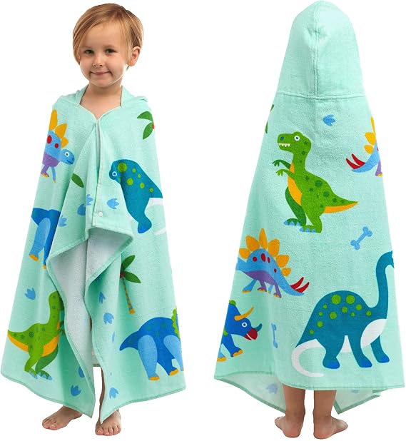Wildkin Kids Hooded Beach Towel 100% Cotton, Snap Front for Bath, Pool & Beach - Dinosaur Land