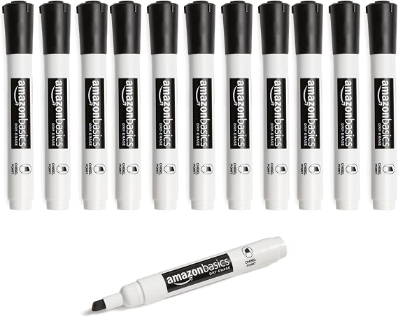 Amazon Basics Lowe-Odor Dry Erase Whiteboard Markers, Chisel Tip, Quick-Dry, Black, 12-Pack