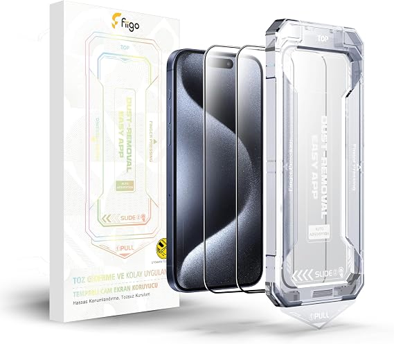 fiigo iPhone 15 Pro Max Uyumlu [2'li Paket] Ekran Koruyucu Kolay Kurulum