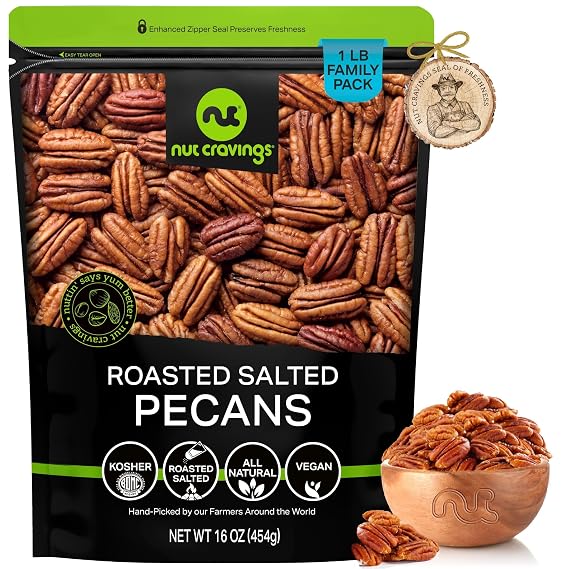 NUT CRAVINGS - Pecans Halves, Roasted & Salted, No Shell (16oz - 1 LB)