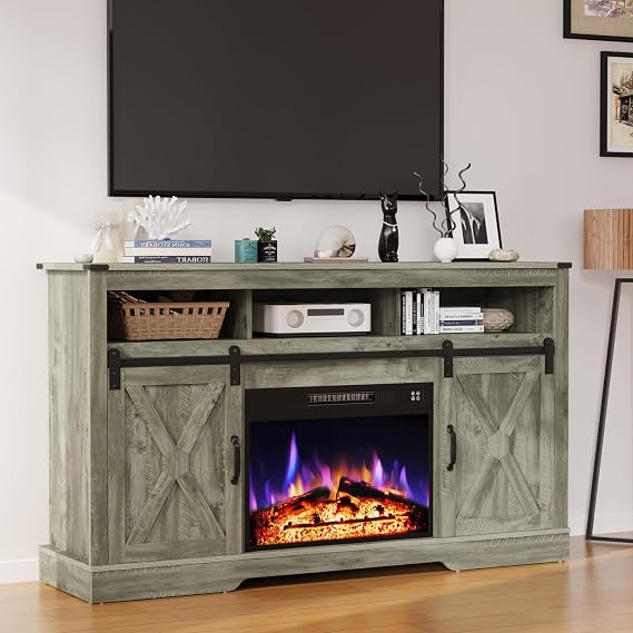 May in Color Fireplace TV Stand for 65+ Inch TV, Modern Rustic TV Console with Sliding Bar Door, Farmhouse Entertainment Center with 23" Electric Fireplace with Remote for Living Room, Light Grey