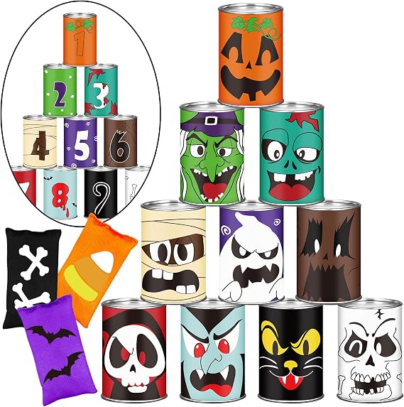 13 Pcs Halloween Carnival Bean Bag Toss Games for Kids & Adults, Halloween Theme Knockdown Can with 3 Bean Bags Set for Trick or Treat Decoration, Home Decor Party Favors Supplies Outdoor Yard Game